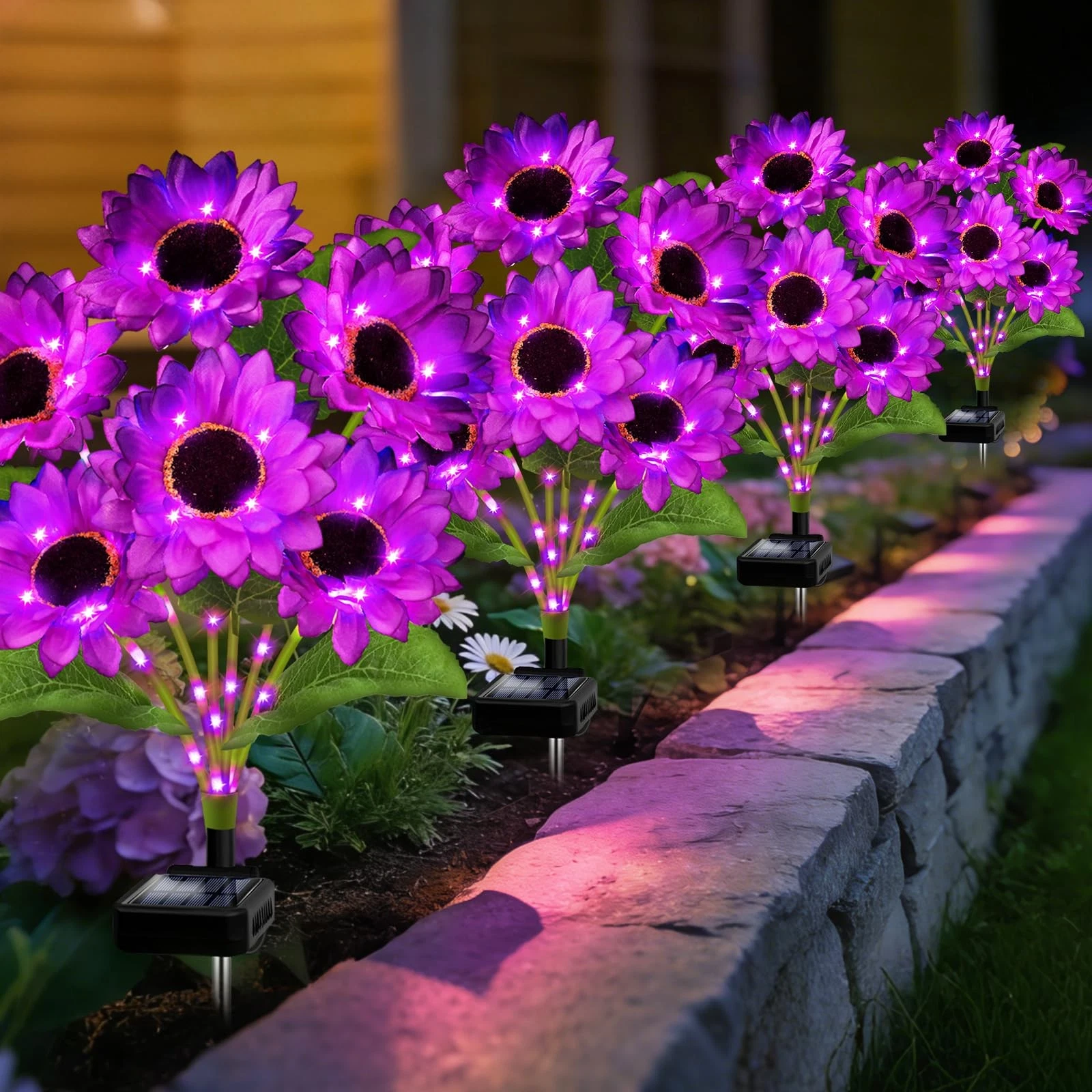 Solar Garden Lights 4 Pack 24 Solar Sunflower Lights, Waterproof Solar Purple...