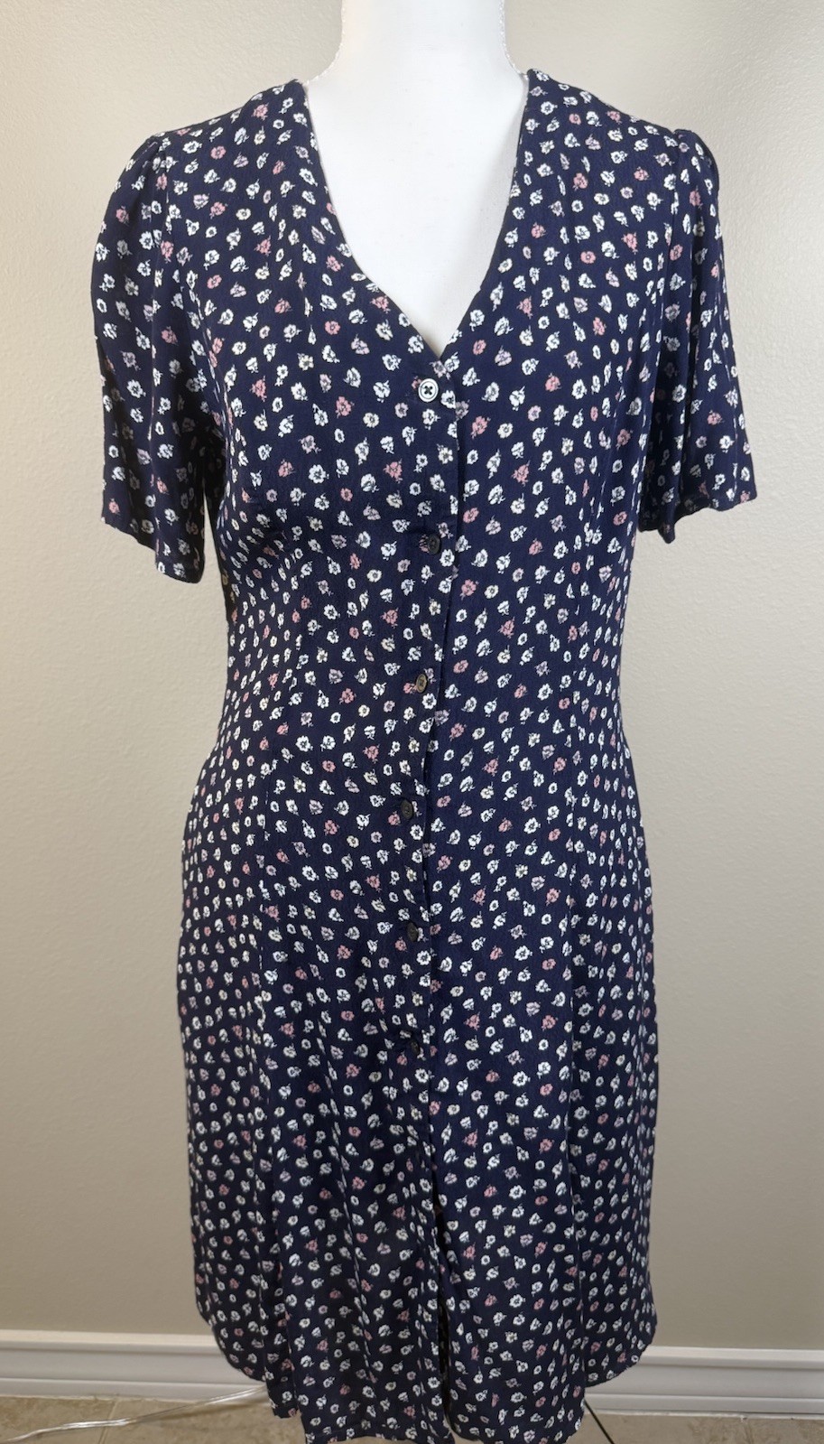 Gap Women’s 8 Tall Navy Floral Button Front Midi Dress Short Sleeve Pockets