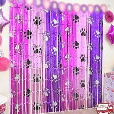 Paw Print Tinsel Fringe Curtains Birthday Party Backdrop Decorations Supplies US