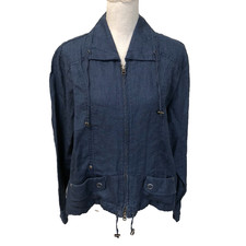 Chicos Linen Jacket Womens 2 Large Blue Full Zip Lightweight Classic Gorpcore