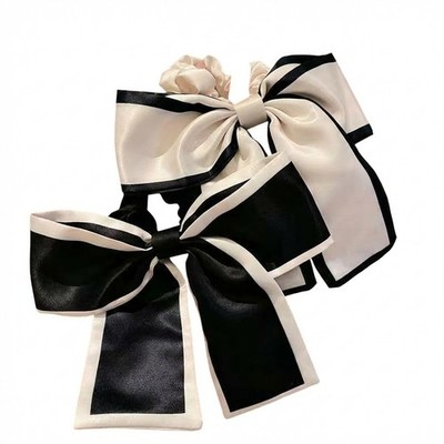 Bow Hair Scrunchie Black White Ponytail Hair Tie 2 Pack Elastic Hair Band