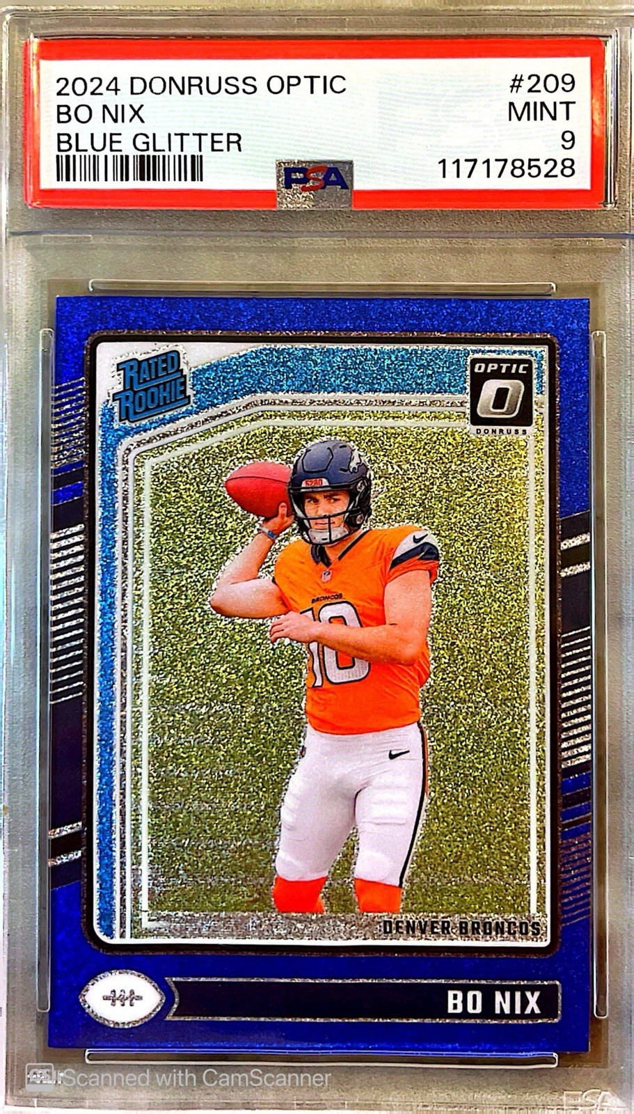 2024 Panini Donruss Optic Bo Nix Blue Glitter Prizm #209 PSA 9 Broncos