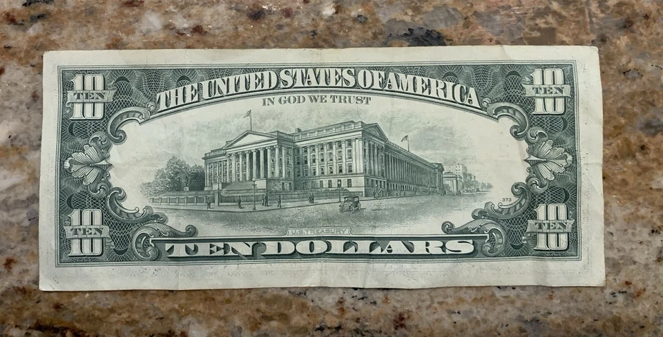 1977 $10 Dollar Bill Ladder # B 24548367 C Old Fancy off center miss alignment - Image 2 of 2