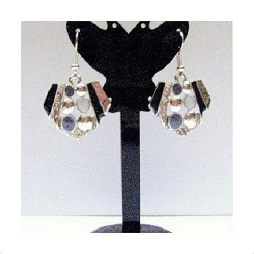Boucles D'oreilles Pendantes Métal Argenté & Email - Photo 1/1