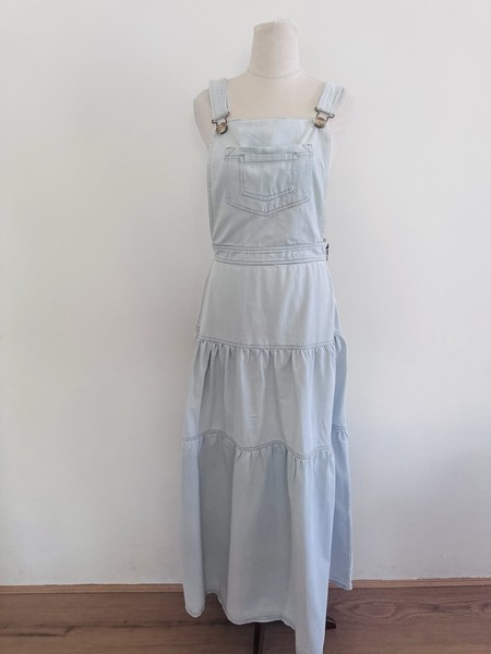 FLANNEL Dungaree Pinafore Denim Maxi Dress Size 1 8 10 Light Blue Pocket Tiered