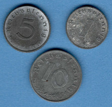 1942 Germany Third Reich. Set 3 zinc coins: 1, 5, 10 Reichspfennig SWASTIKA 512