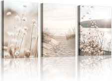 3 Pezzi Boho Beige Paesaggio Quadro Su Tela Incorniciato, Stampa Su Tela Minimal