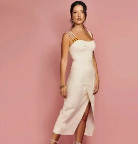 OFF WHITE Abito midi Cristina Sabatini Athena bianco sporco misto lino piccolo naturale nuovo con etichette