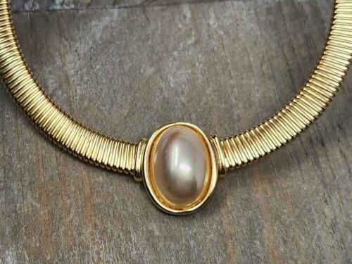Christian Dior Faux Pearl Cabochon Omega Kette Halskette goldfarben Vintage - Bild 14 von 14