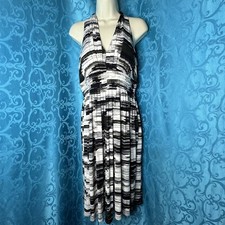 Calvin Klein Black White Halter V Neck A Line Pleated Sleeveless Dress Women's 8