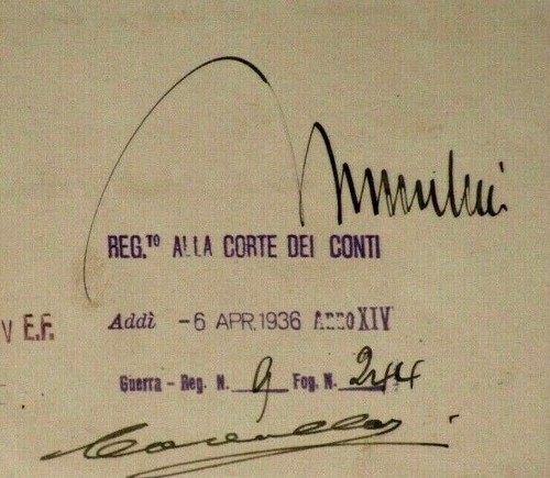 1936 Benito Mussolini y Victor Emmanuel III documento firmado, carta completa de la JSA - Imagen 2 de 10