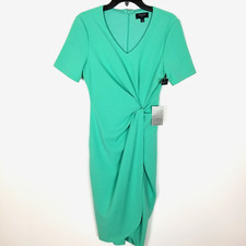 Tahari ASL Women's Knot Waist Mock Neck Dress Size 2 Light Green Short Sleeve
