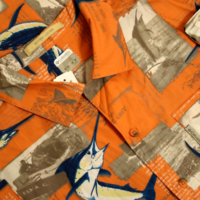Columbia Rive Lodge Button Shirt Large Orange Marlin Fishing Loop Collar