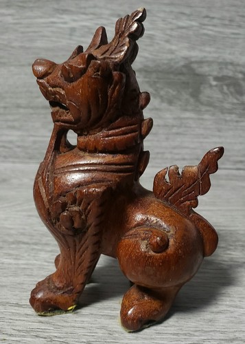 Vintage Pair Chinese Dogs Foo, Brown Hand Carved Wooden, Dragons/Lions Figurines - Picture 15 of 17