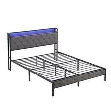 Full Bed Frame with Charging Station and LED Lights Upholstered Platform Bed