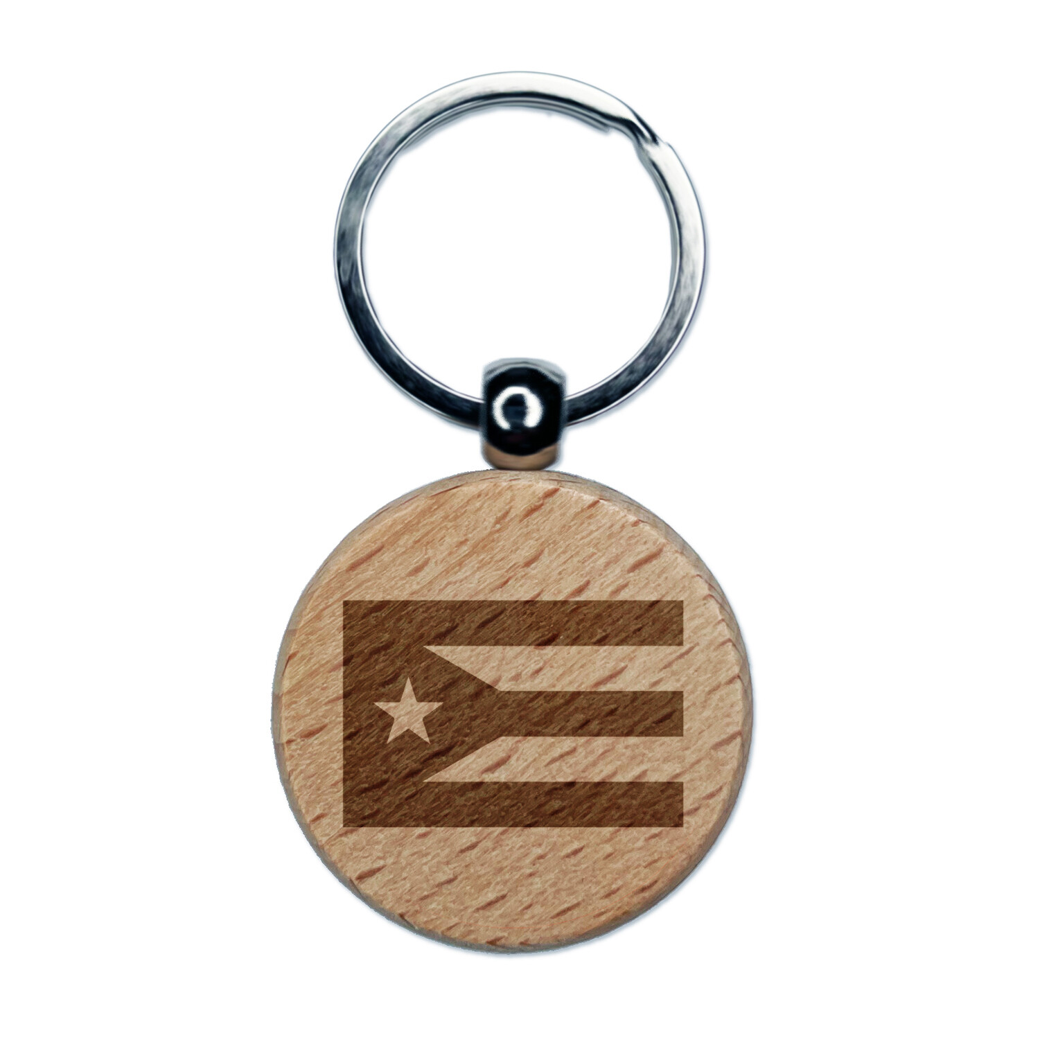 Puerto Rico Flag Engraved Wood Round Keychain Tag Charm