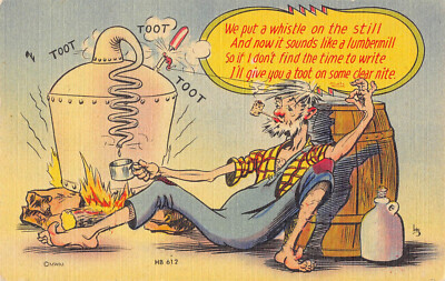 Moonshine making still straw pipe Comic Novelty Humor card funny slapstick linen