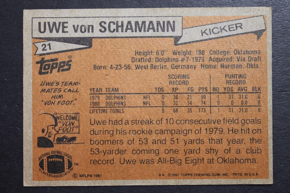 Uwe von Schamann Miami Dolphins Autographed 1981 Topps #21 Signed Card OKLAHOMA - Image 2 of 3