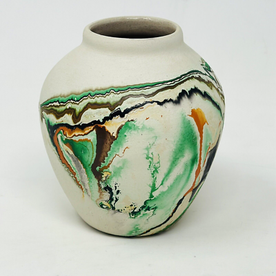 Nemadji Pottery Vase Swirl Paint Ceramic Abstract Vintage Indian