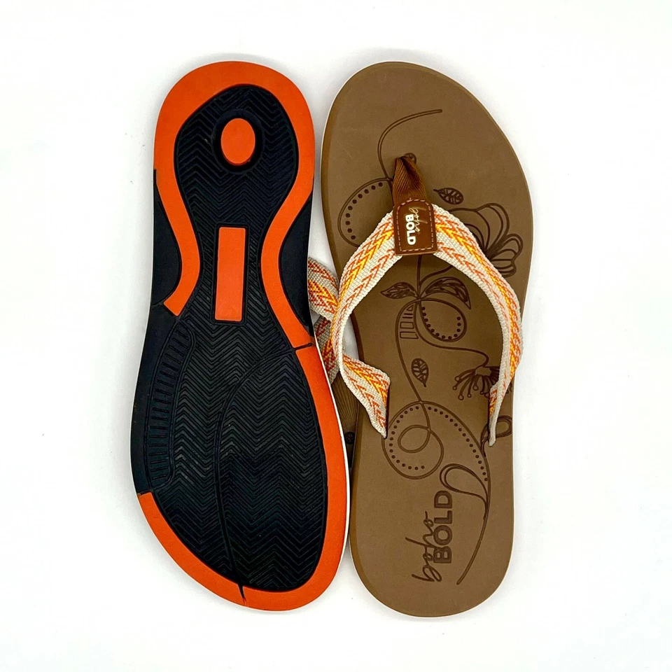 Orange/Beige Striped Boho Woven Strap Flip Flops - Durable, Comfort - like REEF - Image 2 of 4