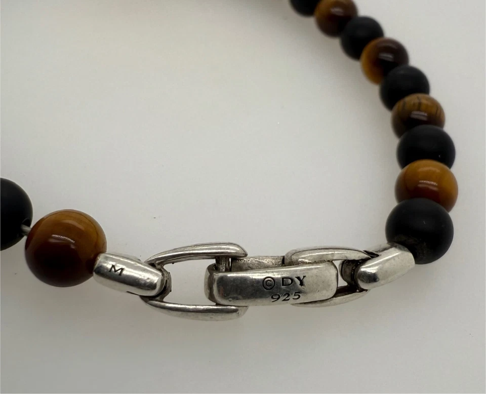 Pulsera David Yurman .925 Plata Esterlina Cuentas Espirituales Ojo de Tigre Bola Hombres 6mm Foto 2 de 4