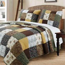 Quilt Set Queen Patchwork Floral Brown Gold Pillow Shams 3 Piece Cotton Bedding