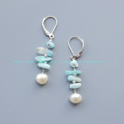 Light Blue Amazonite Gem 6-7mm White Freshwater Pearl Dangle 925 Silver Earrings