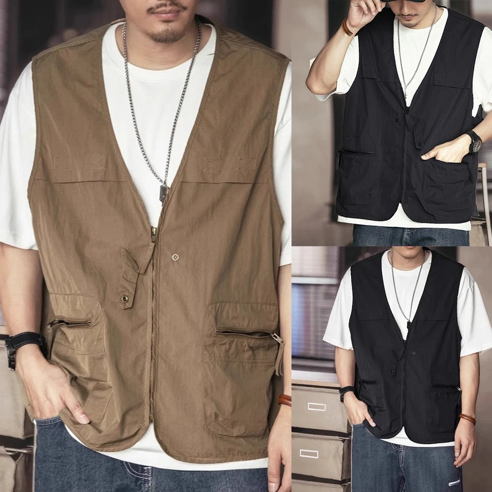 Men's Outdoor Sports Tank Tops with Pockets in Vintage Style and Zipper Closure