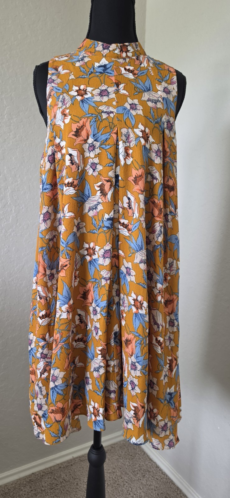Entro Mustard Floral Sleeveless Swing Mini Short Dress Women's Small S Nwt