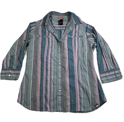 The North Face Button Up Shirt Women M Blue Striped Roll Tab Sleeve Outdoor Hike