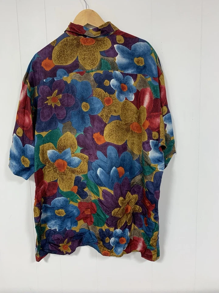 Camisa Abstracta Floral 100% Seda Birmania Bibas Para Hombre XL De Colección Manga Corta Foto 3 de 4