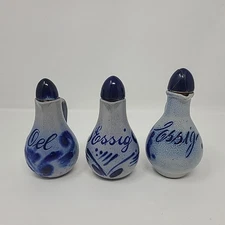 Set of 3 Vintage German Salt Glazed Pottery Cruets Oil and Vinegar Essig and Oel