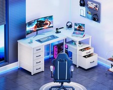Coleshome Computer Corner Desk with Drawers, 140×80 cm L Shaped Office with Desk