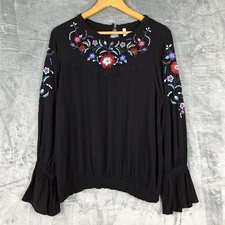 Womens Top Large Black Boho Floral Embroidered Peasant Gauze Cottagecore Hippie