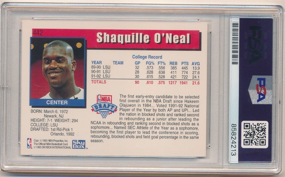 SHAQUILLE O'NEAL 1992/93 HOOPS 442 RC ROOKIE SIGNED AUTOGRAPH PSA 10 GEM AUTO SP view 2