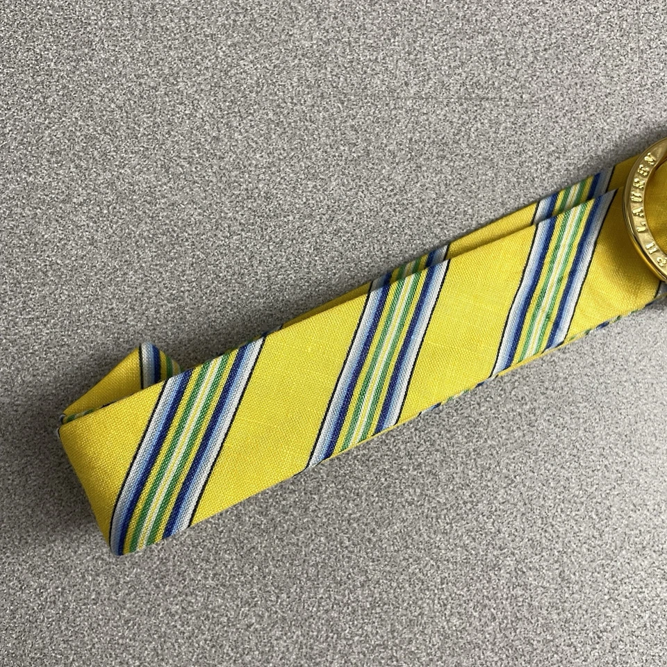 Lauren Ralph Lauren Belt Yellow Gold Ring Buckle Embossed Striped Linen Preppy - Image 2 of 4