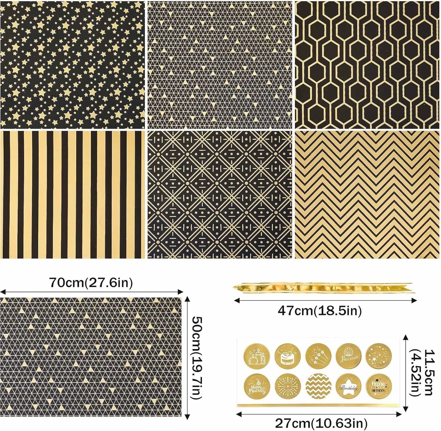 Luxury Black Gold Gift Wrapping Paper Set with Bow Sticker for Birthday Holiday