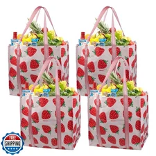 BeeGreen Large Strawberry Reusable Grocery Bags with Hard Bottom - Heavy Duty