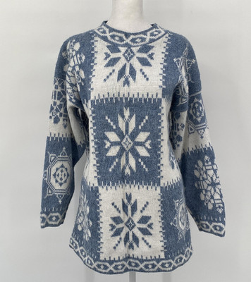 Vintage Needles & Yarn Sweater Womens Large Blue White Nordic Snowflake USA 90s