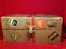 1920s Antique Baby Doll Steamer Travel Trunk Toy Chest Stickers Box vtg 15x8x7"