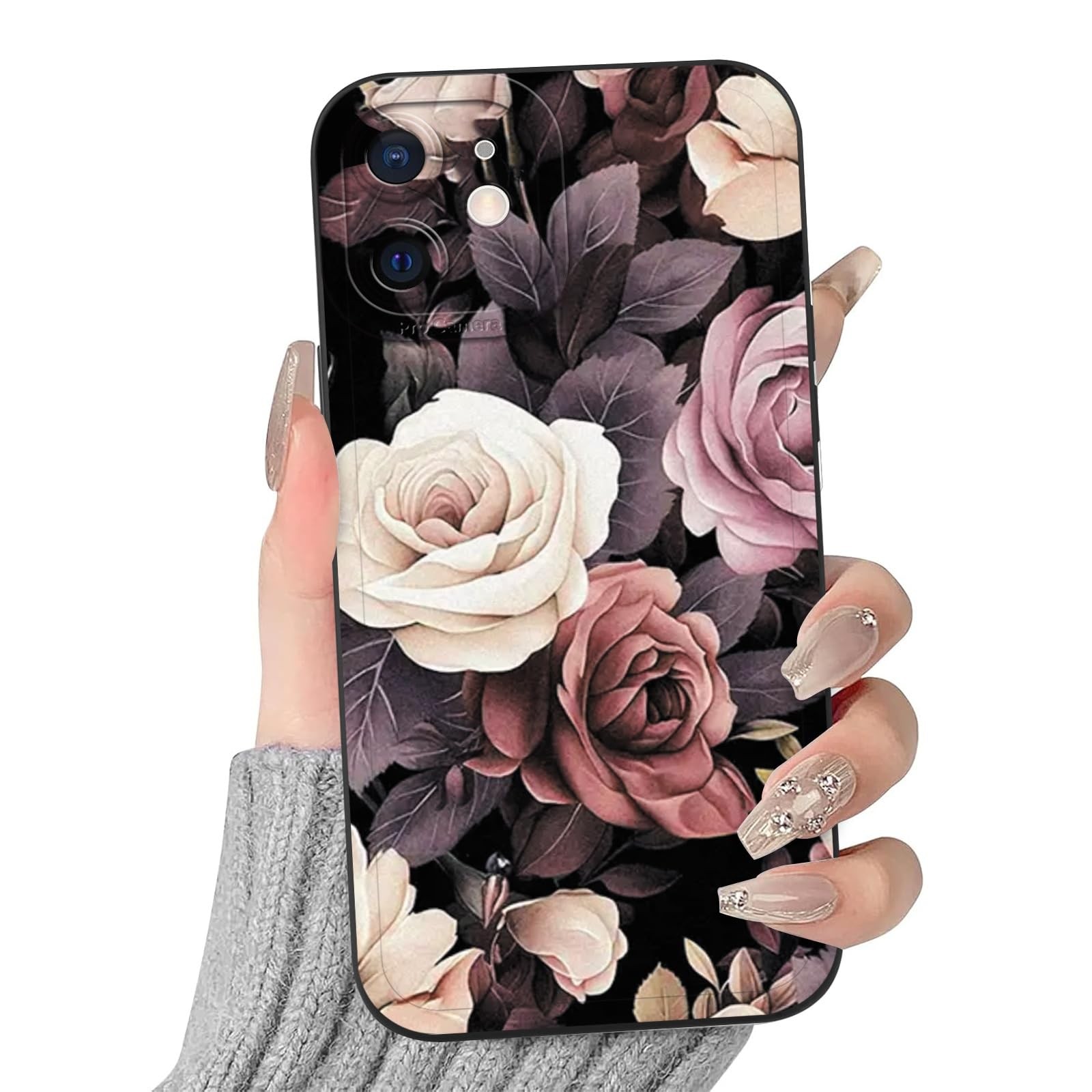 Coque iPhone 12 fleur noire pour éviter les rayures de l'appareil photo