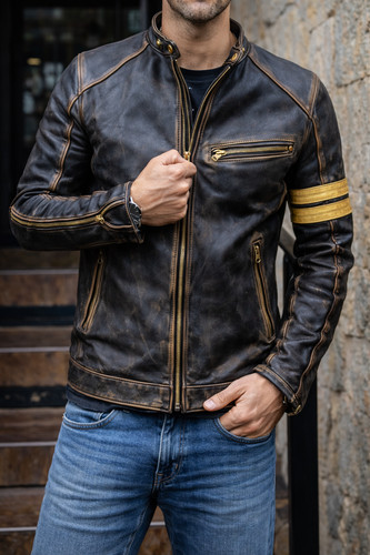 Men’s Motorcycle Biker Vintage Cafe Racer Distressed Black Leather Jacket
