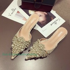 Sandalias para mujer de tacón de gatito pedrería perlas punta mulas pantuflas zapatos