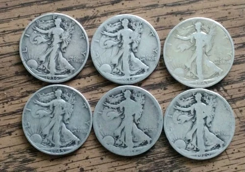 New ListingLiberty Walking Half Dollar Silver Coins Lot of 6, 1936 1943 1945, 50C
