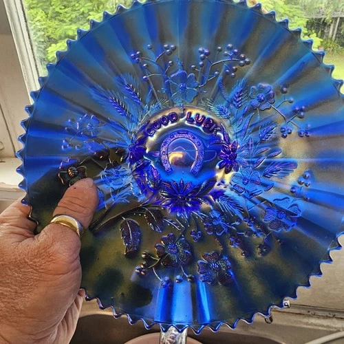 RARE Cobalt Blue Northwood Carnival Glass Good Luck Plate