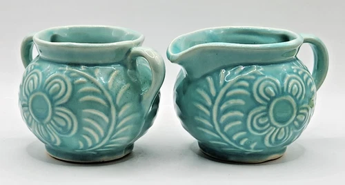 Vintage Blue Shawnee Pottery Creamer and Sugar Bowl USA