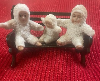 Lot Of 3 Antique German Snowbabies Sitting On Metal Bench!