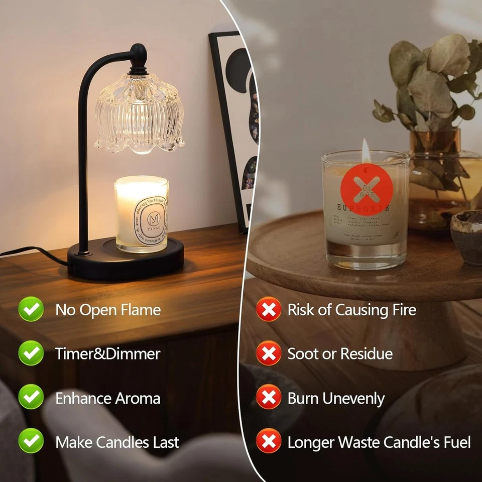 Lámpara Calentador de Velas Negra con Temporizador y Atenuador, Flor de Cera Sin Llama  Foto 2 de 4