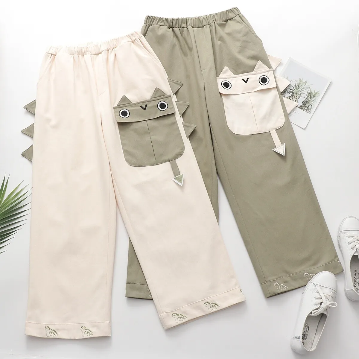 Unisex Japanese Mori Trousers Cartoon Dinosaur Patch Pants Kawaii Lolita