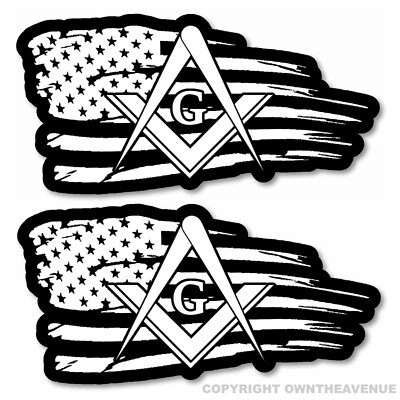 2 Freemason USA American Flag Distressed Masonic Mason Compass Sticker Decal 4''